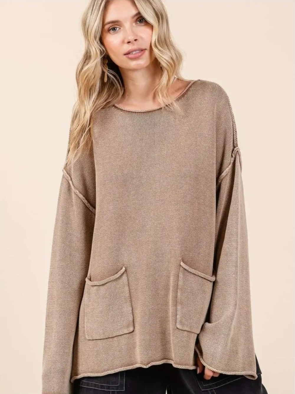 Zara Oversized Pocket Crew Sweater — Taupe